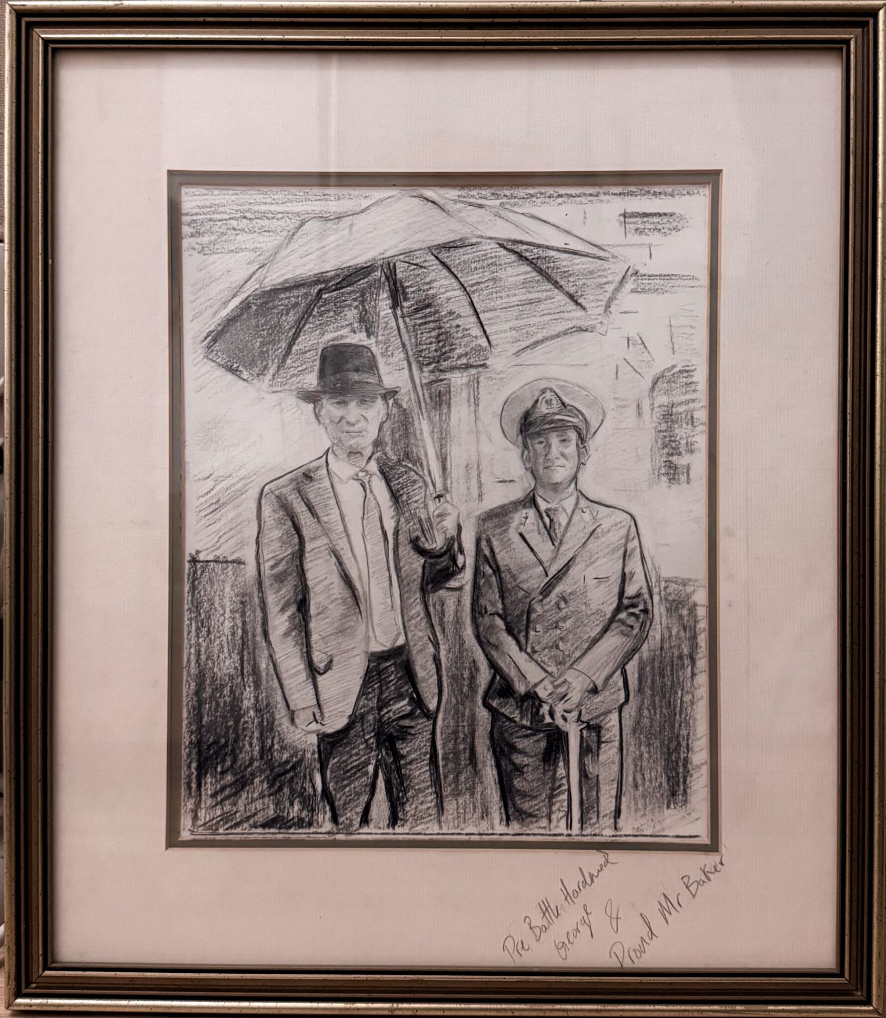 Charcoal portrait drawing of George Baker and his father
