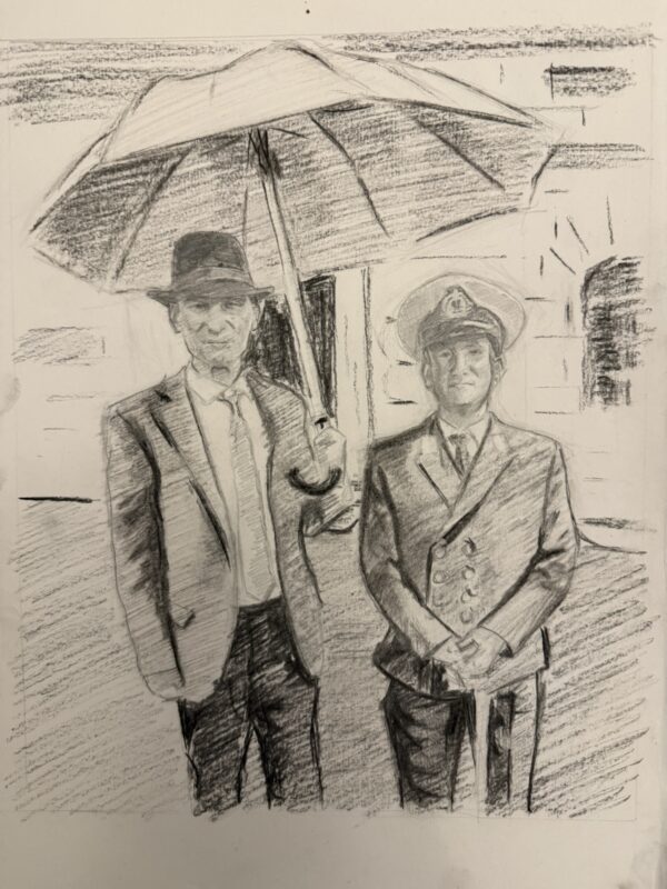 Charcoal portrait commission of George Baker and his dad in progress, shading being built up on the coats