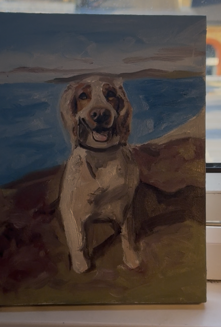 Hand-painted oil portrait of a Cocker Spaniel with soft wavy ears and expressive eyes