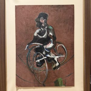 George Dyer on a Bicycle (after Francis Bacon), oil and sand on panel by Aalim Chowdhry