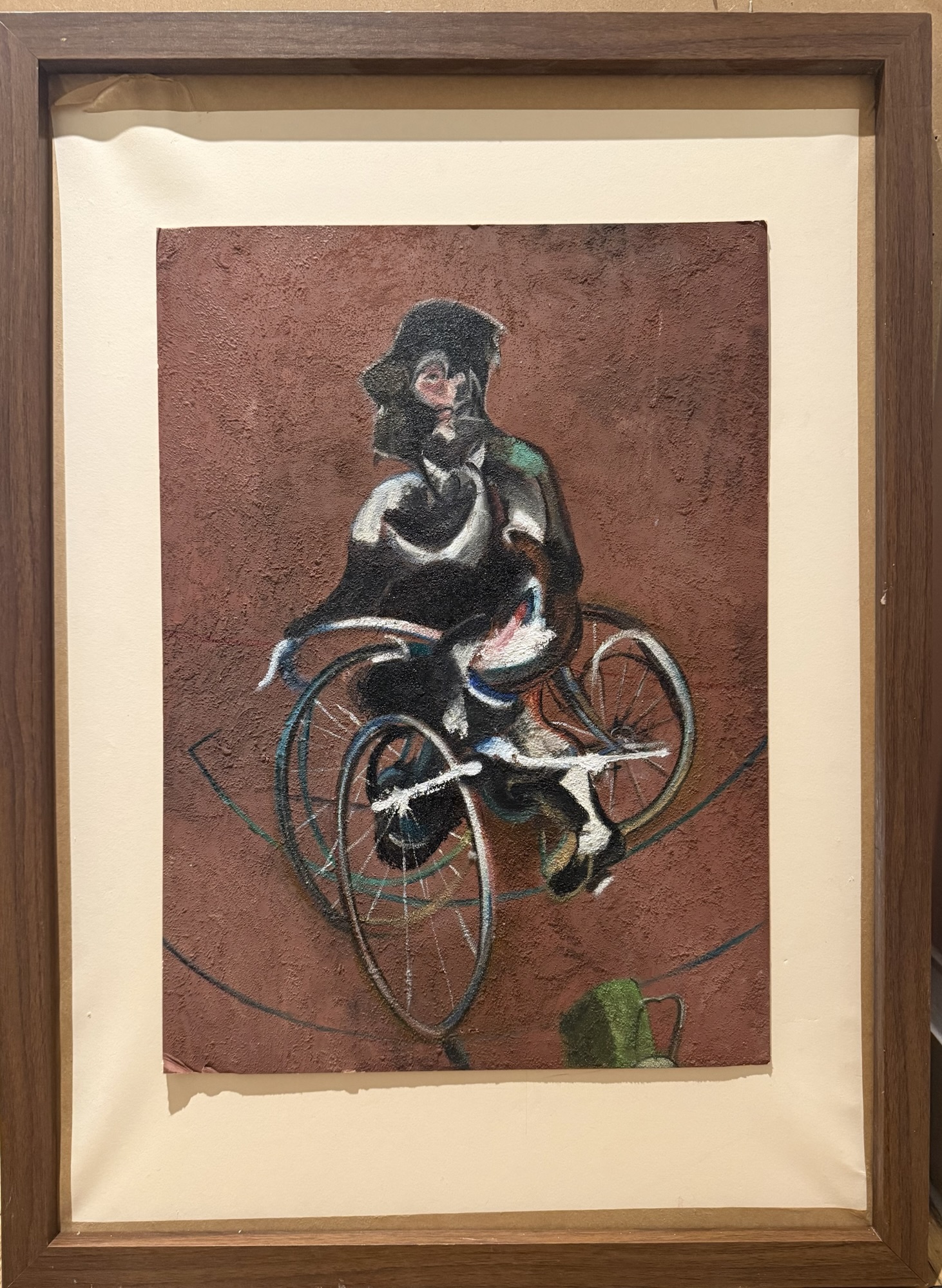 George Dyer on a Bicycle (after Francis Bacon), oil and sand on panel by Aalim Chowdhry