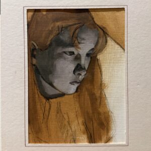 Girl Reading, grisaille in oil on canvas board by Aalim Chowdhry